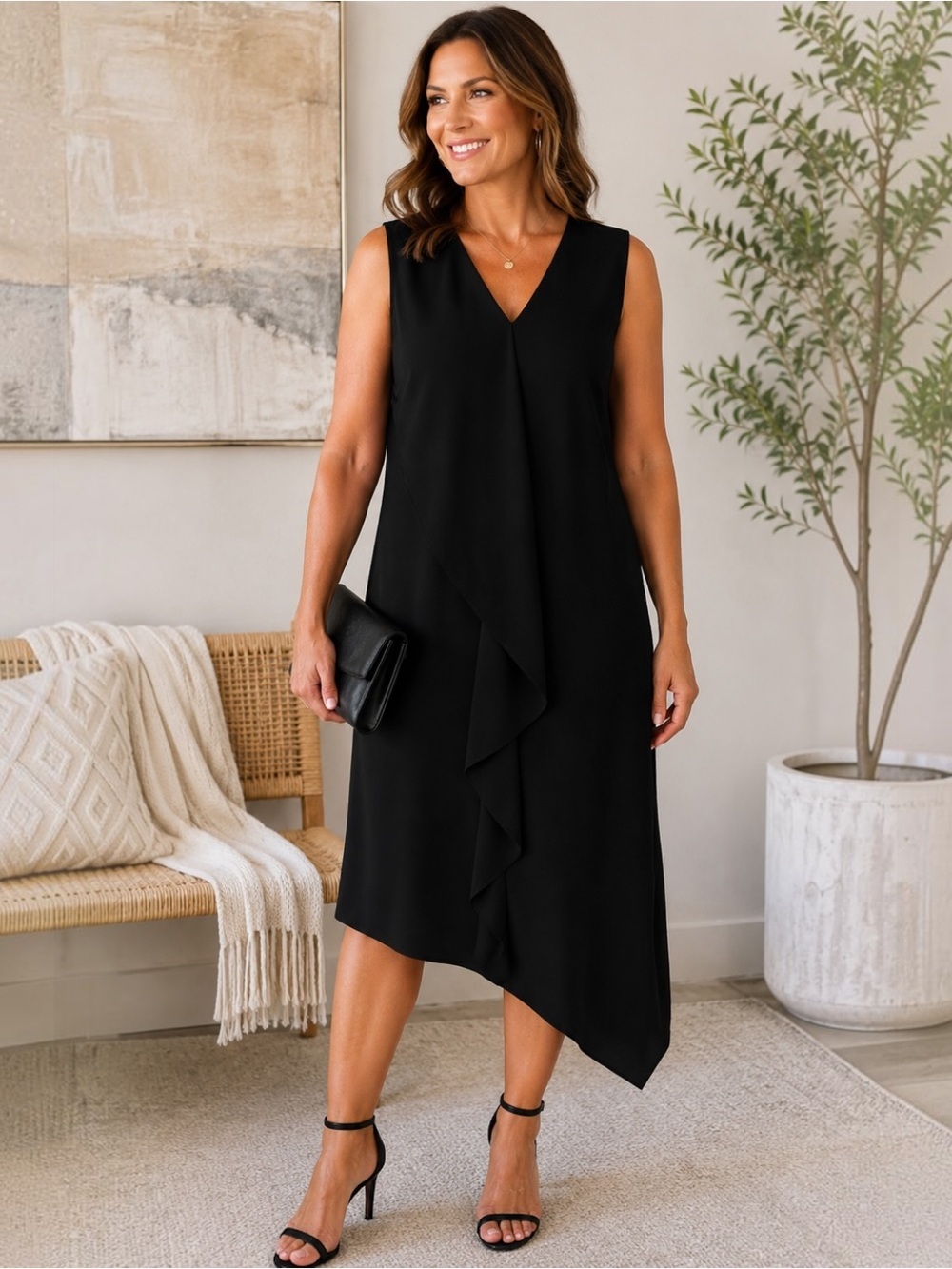 Chico’s Black Sleeveless Cascade Ruffle Dress Asymmetrical Hem Size 3 XL 16